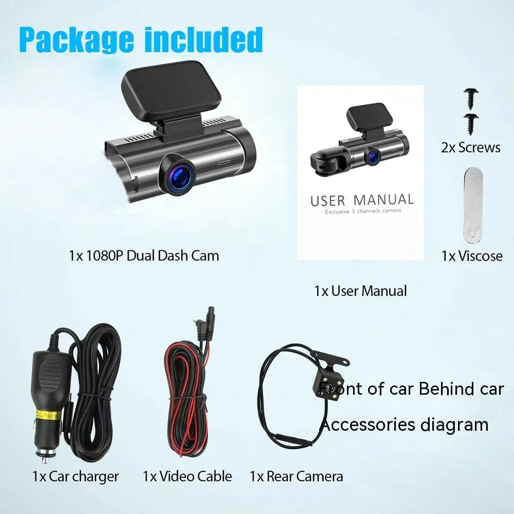 Dual-lens HD driving recorder with 3.5-inch LCD screen mounted on a car dashboard.