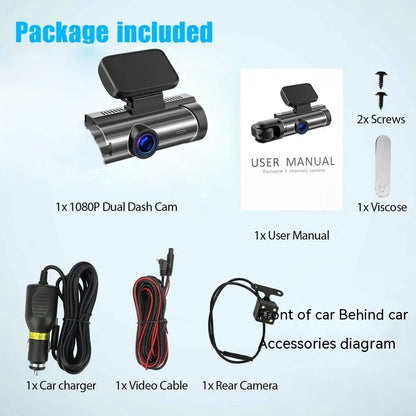 Dual-lens HD driving recorder with 3.5-inch LCD screen mounted on a car dashboard.