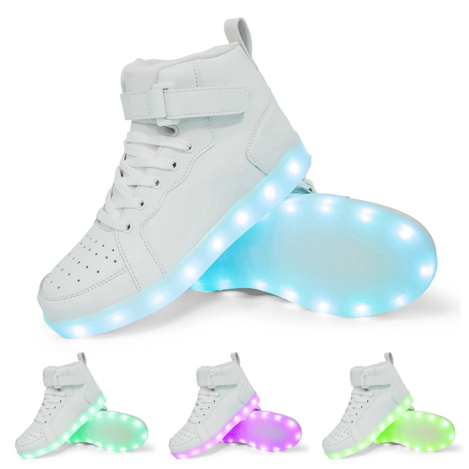 LED light-up high-top board shoes with velcro fastening in black, gold and white colours