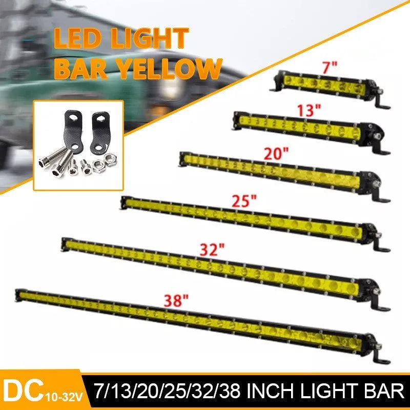 25-inch long aluminium single row LED light bar with mounting brackets and screws.
