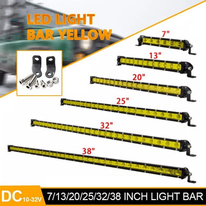 25-inch long aluminium single row LED light bar with mounting brackets and screws.