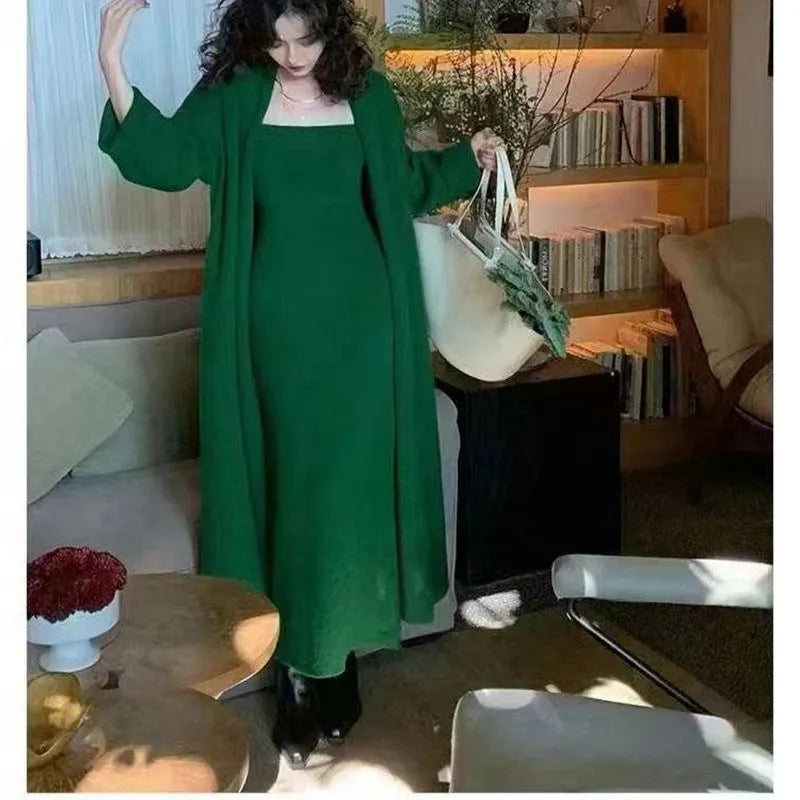 Women's knitted cardigan dress and coat suit in free size with flocked texture, available in multiple colours