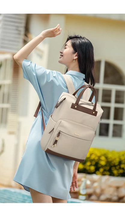 Women's large capacity backpack in synthetic leather fabric with adjustable shoulder straps in apricot colour