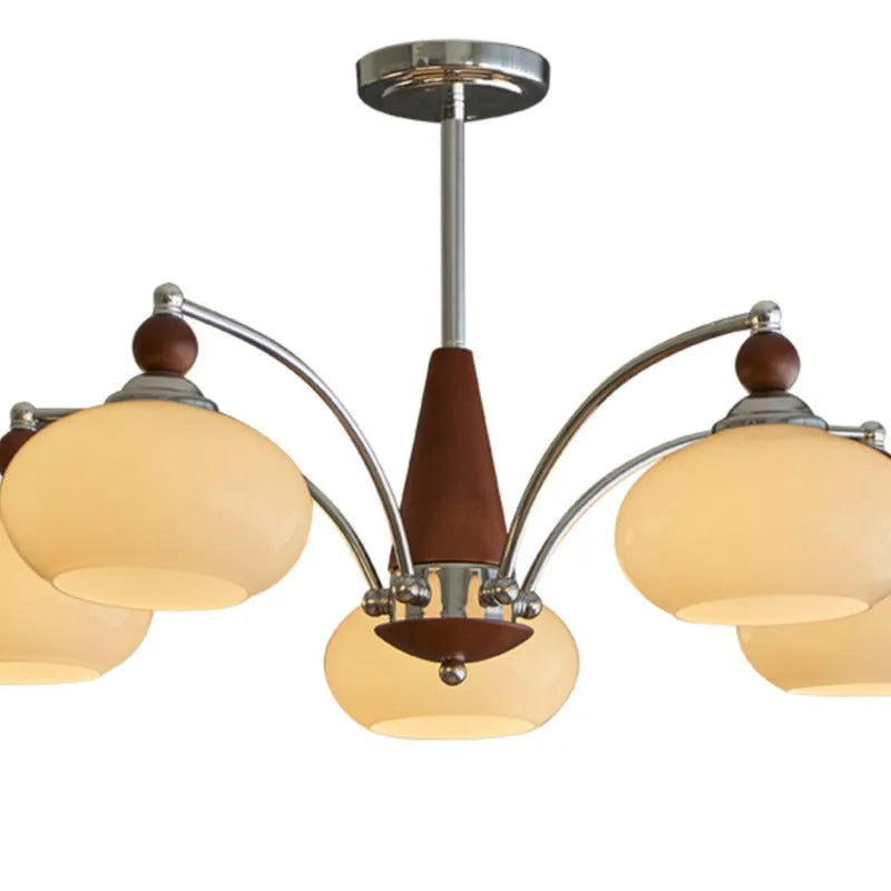 Persimmon glass chandelier with chrome frame in Middle Ancient style, shown with multiple glass shades.