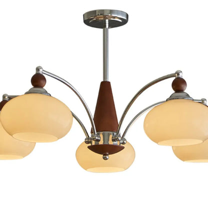Persimmon glass chandelier with chrome frame in Middle Ancient style, shown with multiple glass shades.