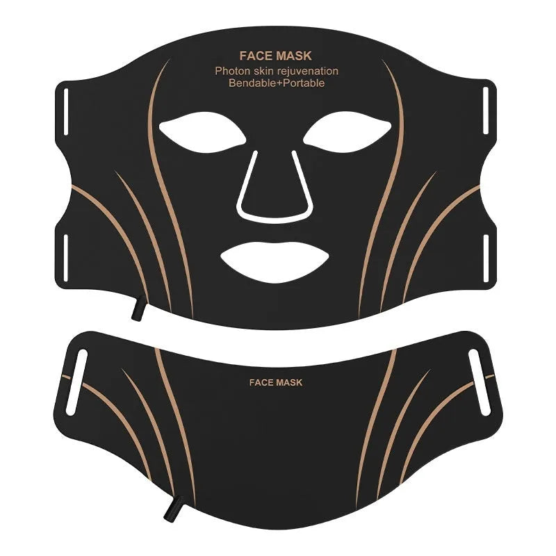 Black gold hard shell IPL and LED red light facial mask beauty device with headband.