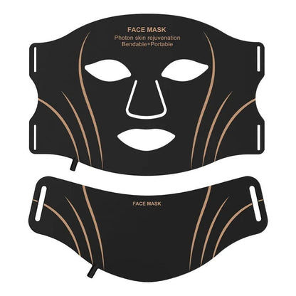 Black gold hard shell IPL and LED red light facial mask beauty device with headband.