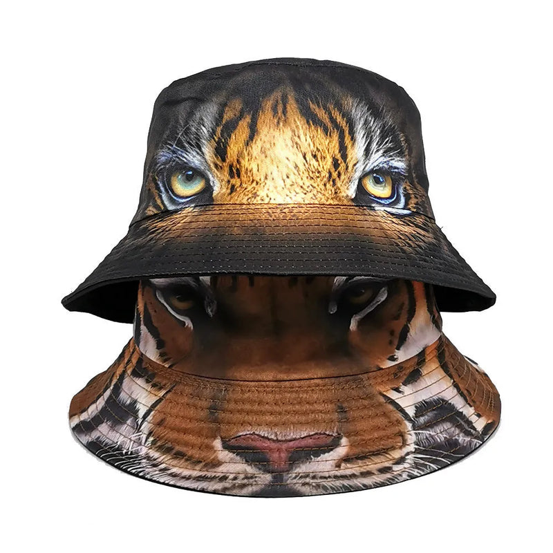 Unisex Bucket Hat with Tiger Pattern Print in Khaki or Black Tiger Camouflage Design for Outdoor Sun Protection, Dome Crown Retro Style Cap Fits Head Circumference 56-58cm Made from Polyester Fabric