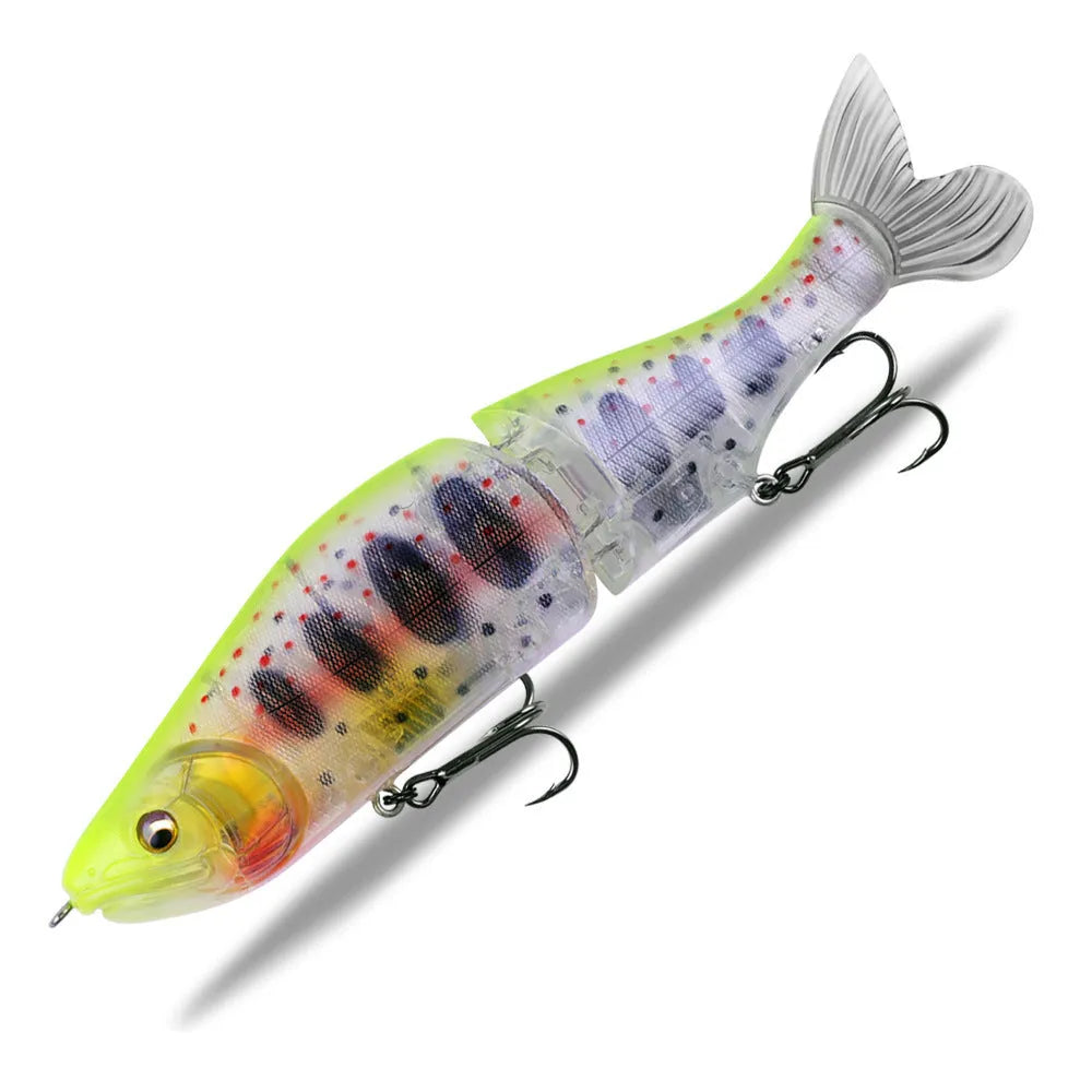 A 185mm hard plastic fishing swim bait in a natural green colour with detailed scales and 3D eyes.