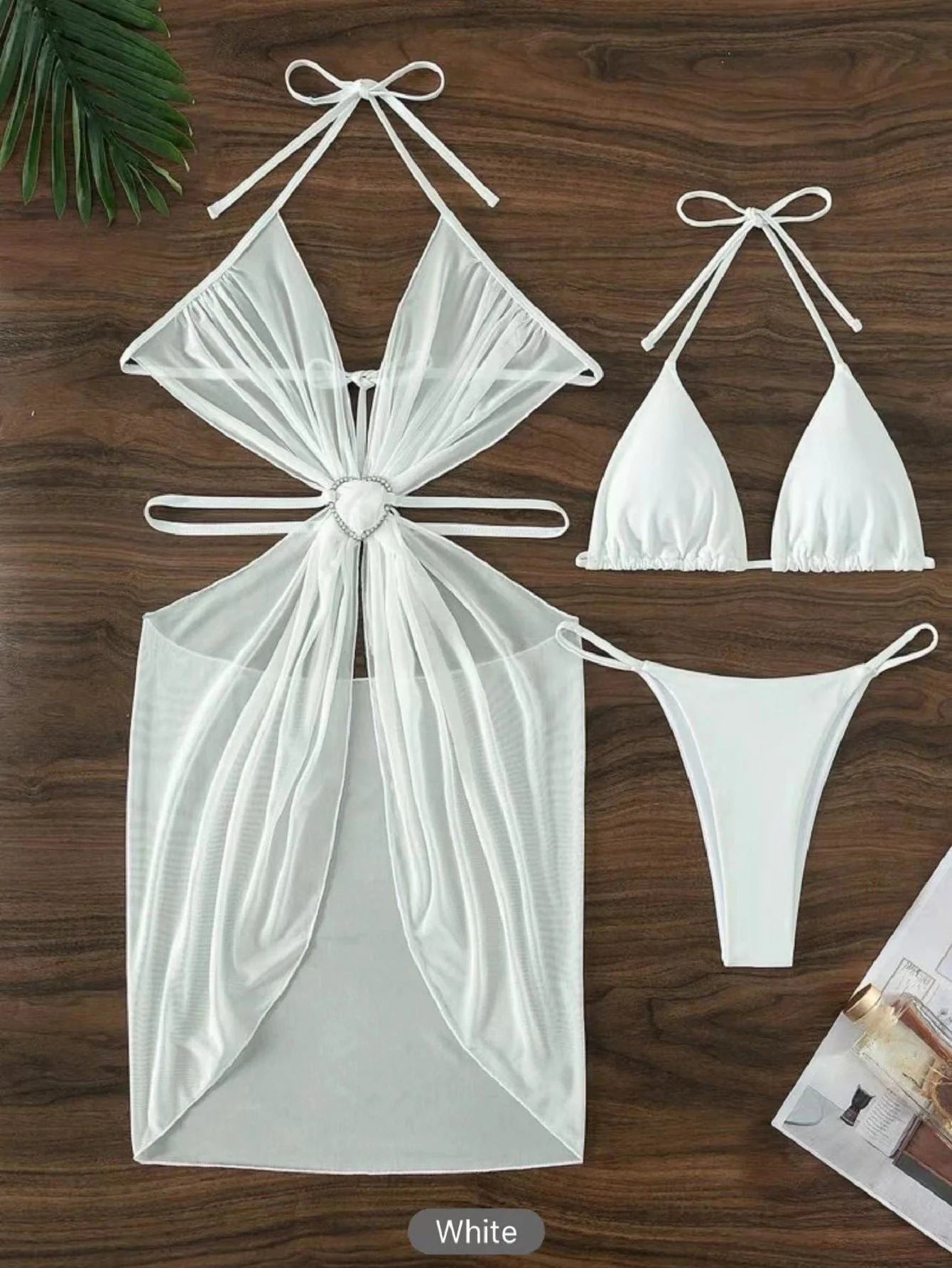 3-piece halter neck bikini set in black, white, blue, and dark pink for beach and summer wear