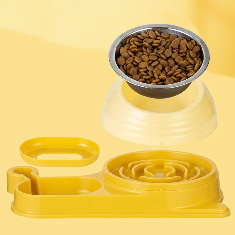 Brown elevated pet feeding bowl with attached water bottle for cats and small dogs on a wooden floor.