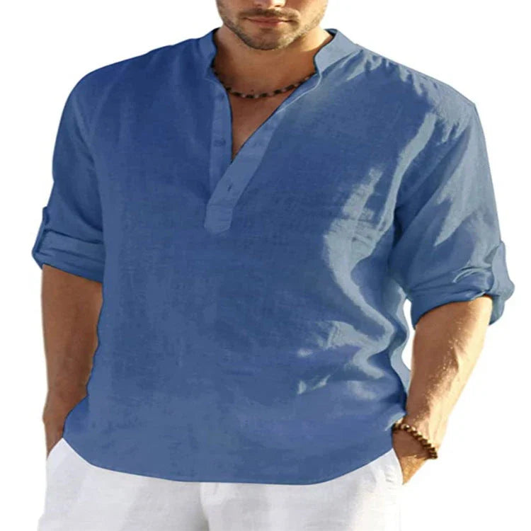 Stylish men's linen shirt with stand collar in various colours and sizes