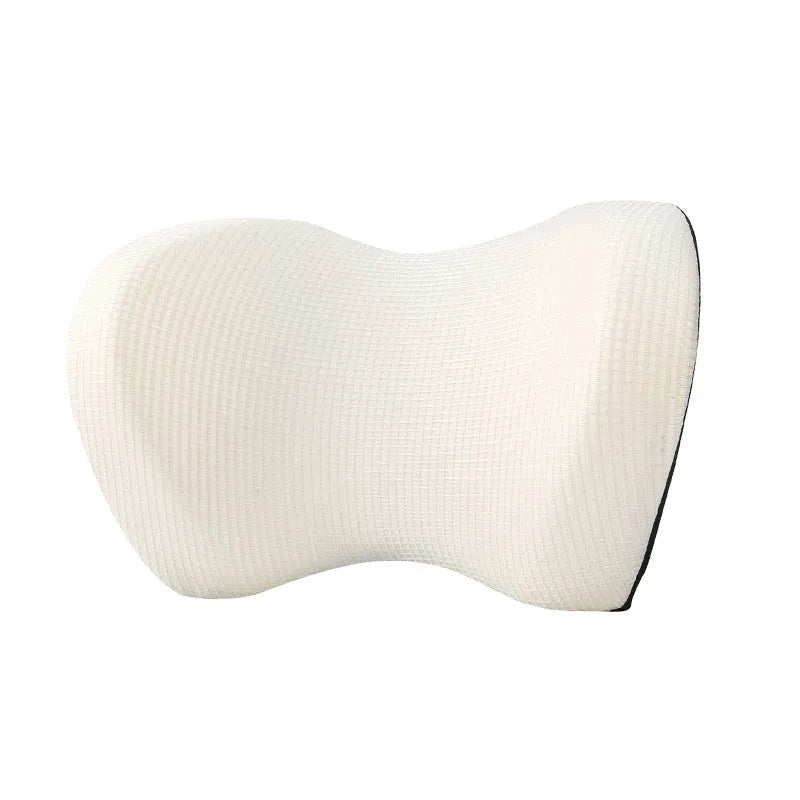 Car headrest pillow in ice silk and memory foam, 20x30x14cm, shown in black, beige, grey, blue, and red