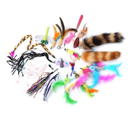 Handheld cat teaser fishing rod with colourful feather head attached to a 50cm long pole