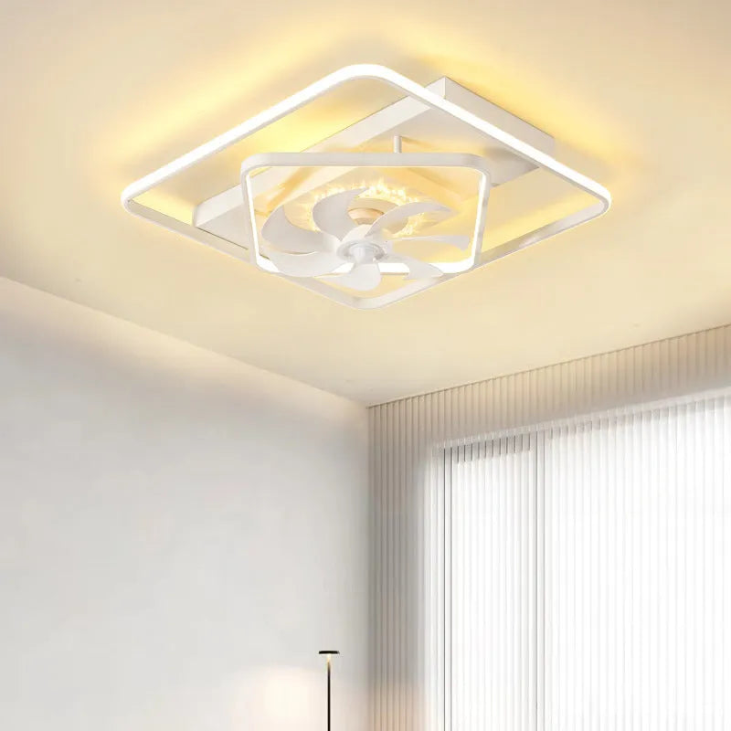 Modern ceiling fan lamp with light, 1100mm by 700mm, thin suction design, acrylic lampshade, in a bedroom setting