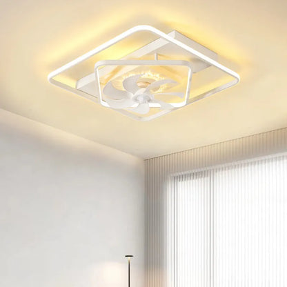 Modern ceiling fan lamp with light, 1100mm by 700mm, thin suction design, acrylic lampshade, in a bedroom setting
