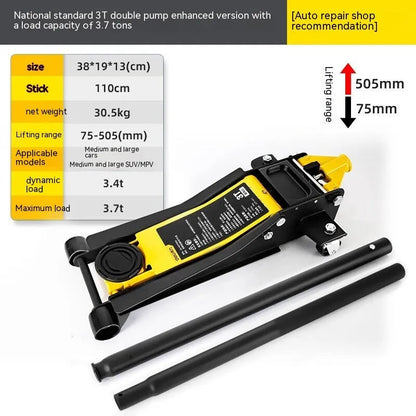 Horizontal hydraulic trolley jack for car tyre changes with low profile design and handle