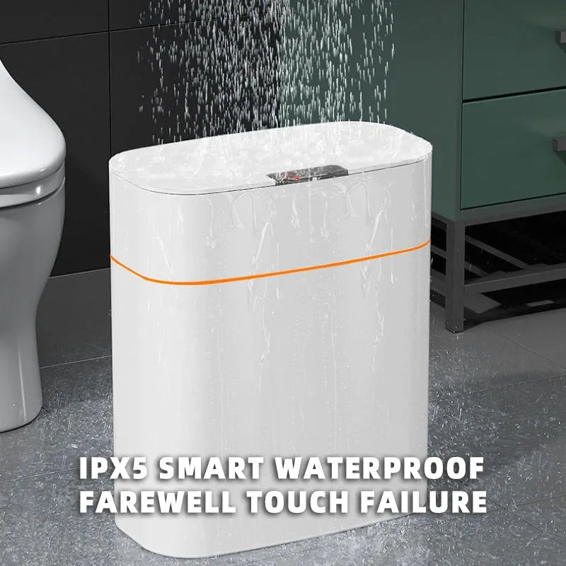 White smart induction trash can with automatic opening lid for kitchen or bathroom use