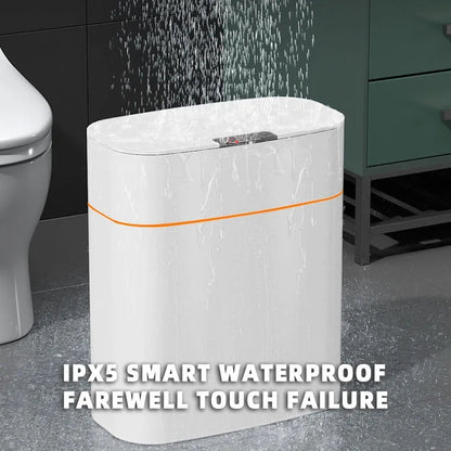 White smart induction trash can with automatic opening lid for kitchen or bathroom use