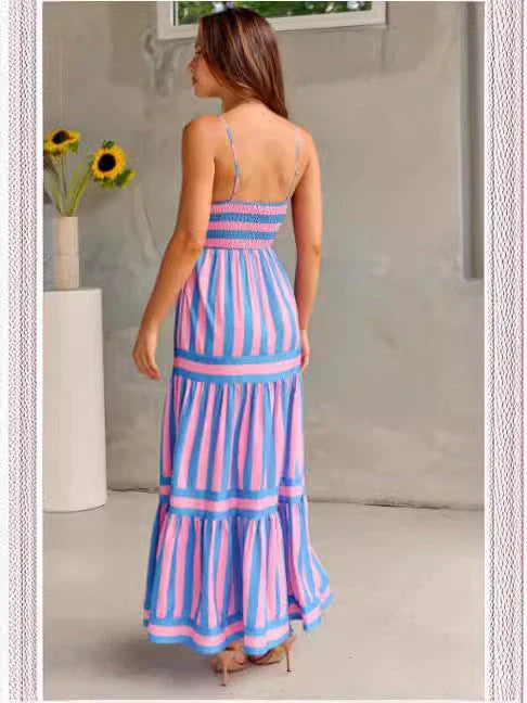 Stylish striped backless beach dress with pockets for women's summer vacation and beach wear
