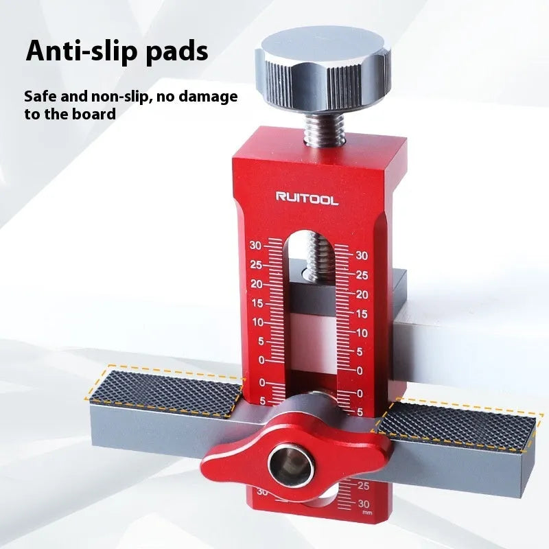 Aluminium alloy cabinet door installation jig for hinge and handle fitting.