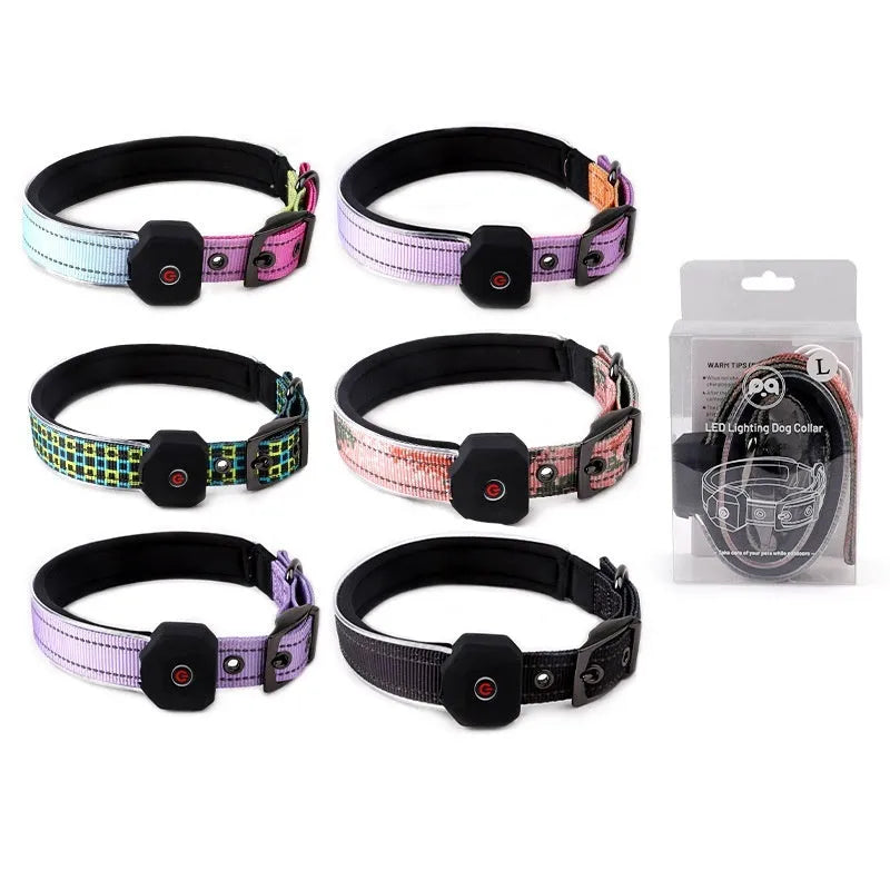 Blue and green plaid LED dog collar with USB charging port and reflective safety stripes