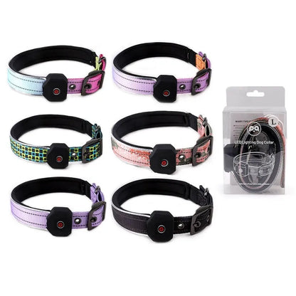 Blue and green plaid LED dog collar with USB charging port and reflective safety stripes