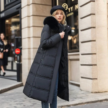 Women's stylish winter coat with fur hood and belt in various colors