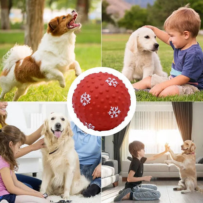 Red and green Christmas snowflake print dog chew ball with air vents, approx 7cm diameter.