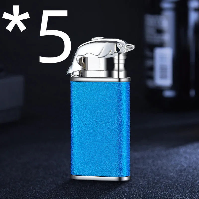 Metal windproof lighter with double flame and dragon design, showing flame from mouth.