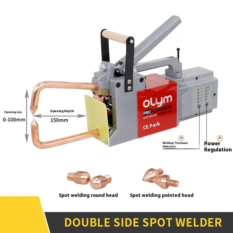 OL8000 manual double-sided spot welding machine with pulse control and set of round and pointed electrode heads.