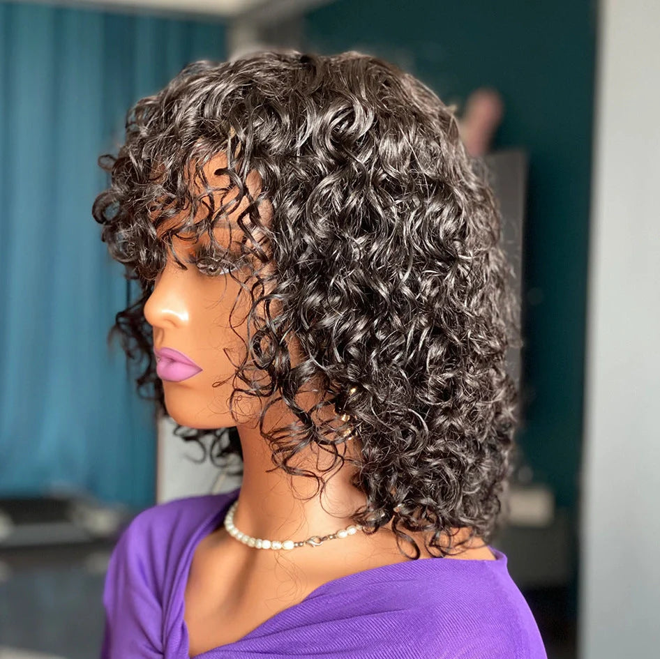 Deep curly fringe human hair wig with bangs, 12-inch length, showing adjustable headgear and even bangs design