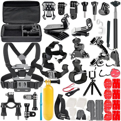 Black GoPro accessories set with chest strap, helmet mount and tripod for action camera filming