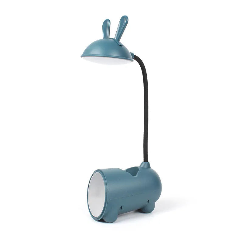Green desktop table lamp with pen container, measuring 30 cm wide with USB power cable