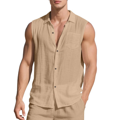 Man's sleeveless linen cardigan vest with a polo collar in a light khaki colour, laid flat.