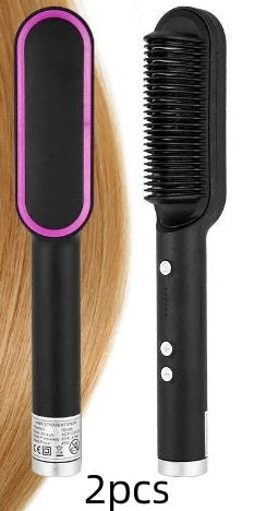 Red 2-in-1 hair straightener and hot comb with tourmaline ceramic plates and digital temperature display