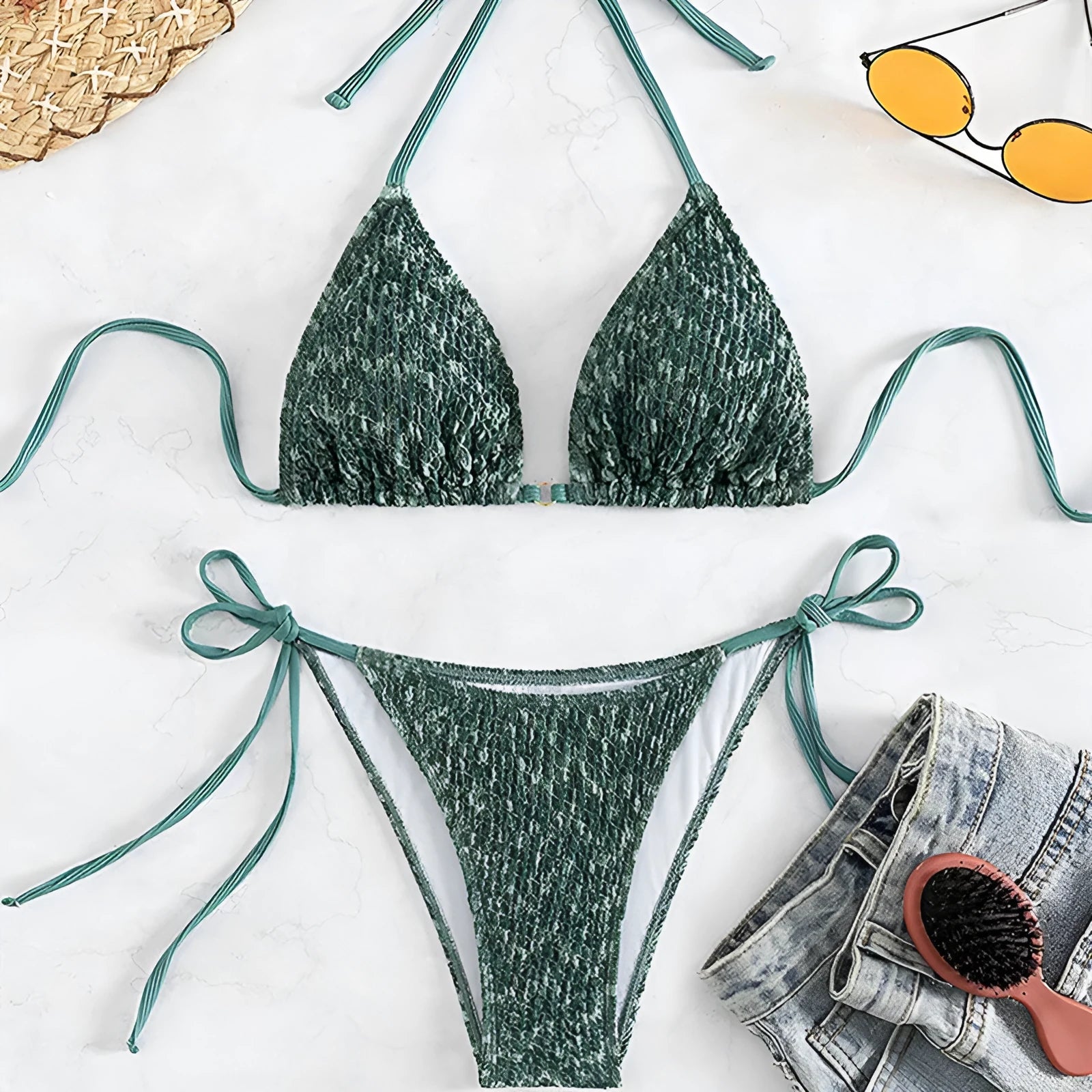 Women's green backless halter strap bikini set showing front and back views