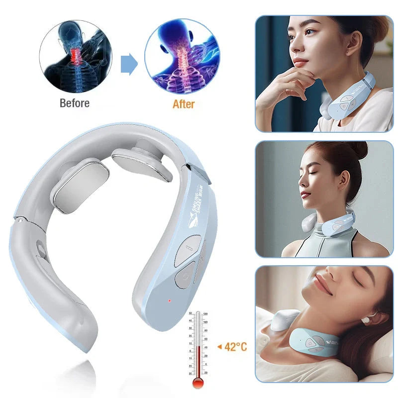 Rechargeable EMS pulse neck massager in lake blue with heating function for pain relief