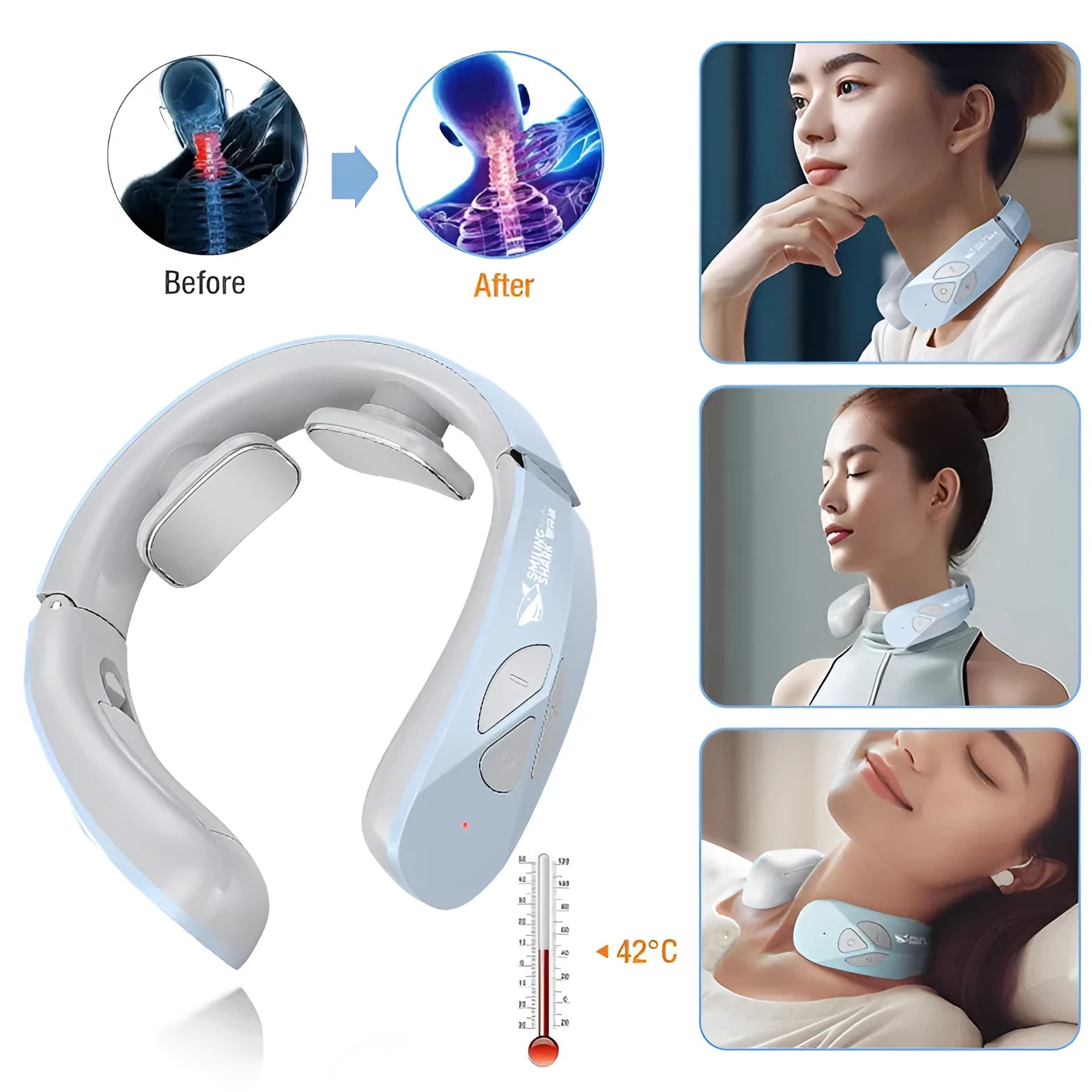 Lake blue electric neck massager with EMS pulse therapy and heating function