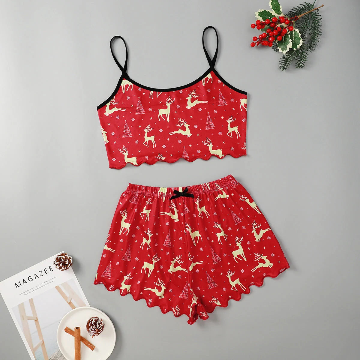 Christmas women's milk silk pajamas two-piece set with festive designs