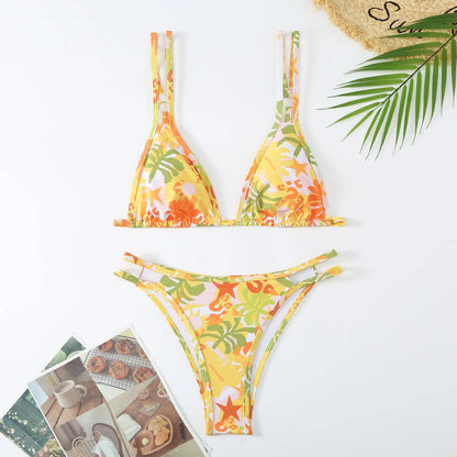 Women's floral printed halter swim briefs set in polyester fabric with multiple colour options