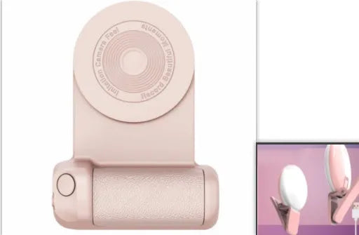 Black magnetic phone camera grip with rotatable bracket and ergonomic PU leather handle on a table.