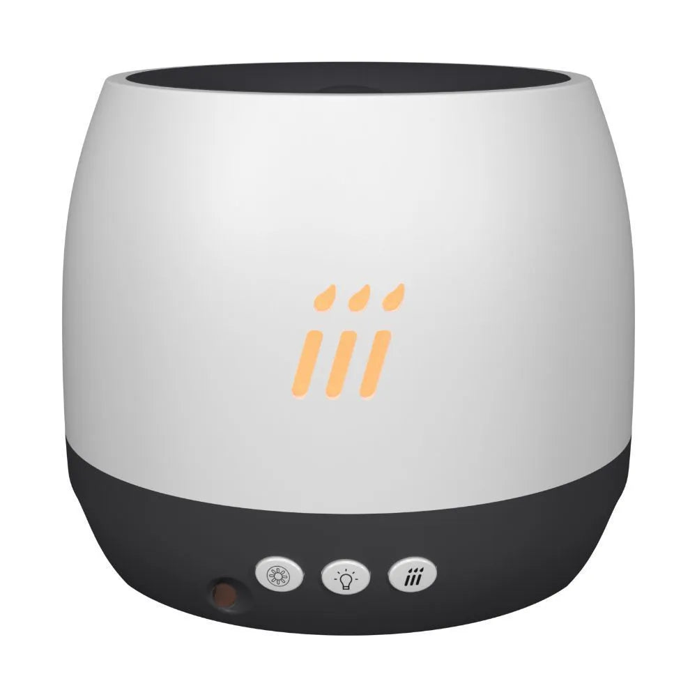 Black ultrasonic flame aroma diffuser humidifier with LED lights on a wooden table