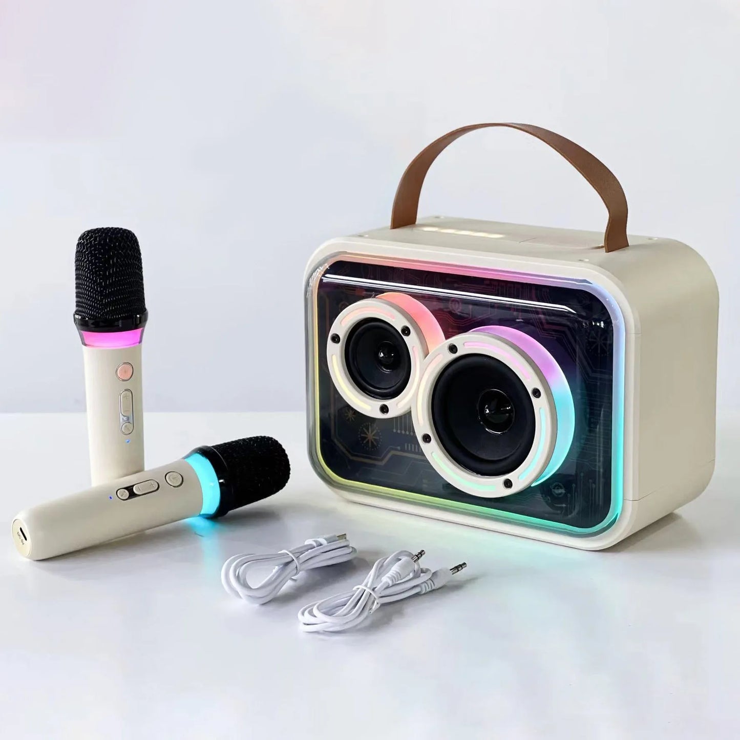 Light yellow portable Bluetooth karaoke speaker with wireless microphone and colourful RGB lights.