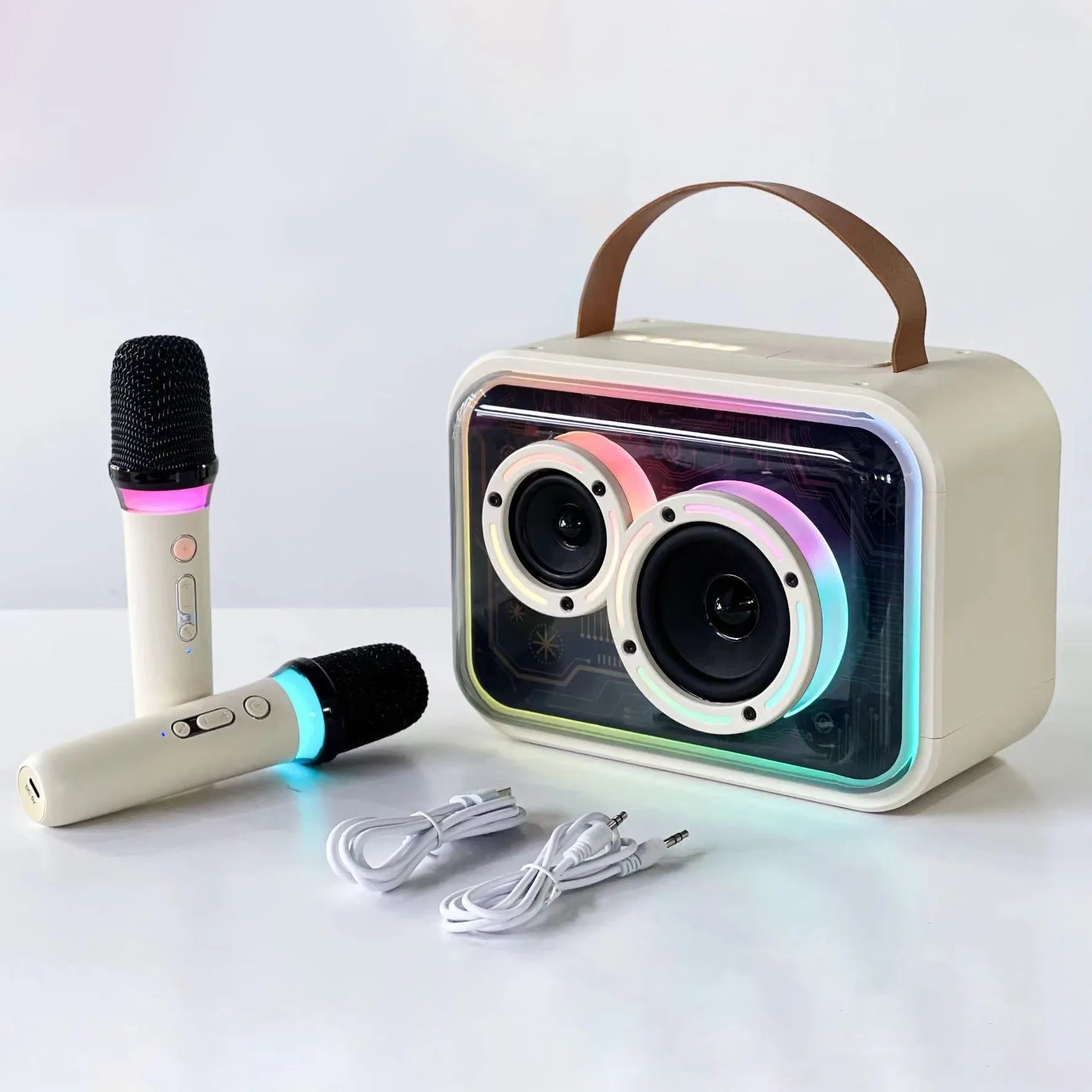 Light yellow portable Bluetooth karaoke speaker with wireless microphone and colourful RGB lights.