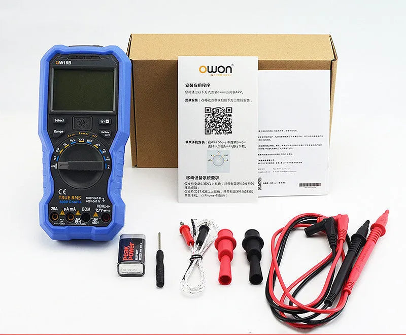 Handheld digital multimeter with display showing measurement, test leads, and Bluetooth symbol on model variant.