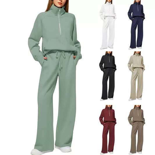 Women's solid colour long-sleeved sweater trousers suit in polyester, available in multiple colours and sizes.