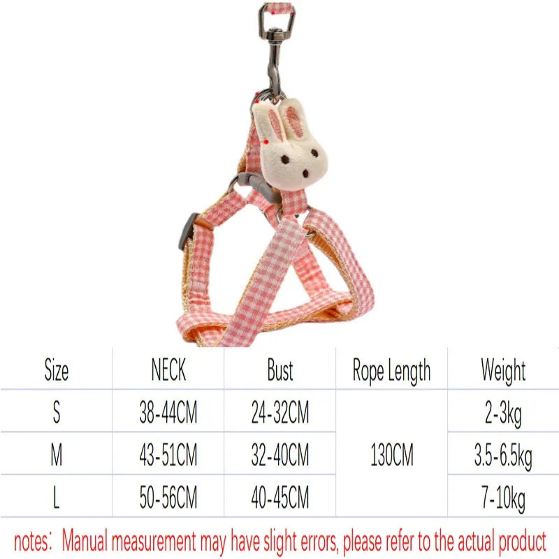 Small dog harness and leash set with quick-release nylon straps designed for anti-pull control, available in S and M sizes, in colours including blue, khaki, orange, pink, and red, for pet dogs and cats.