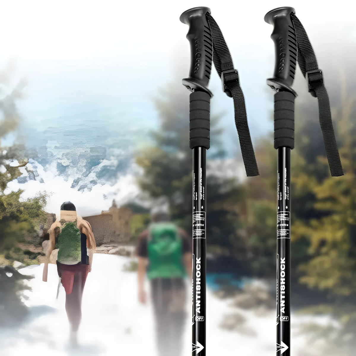 Aluminium alloy telescopic trekking pole extended with three straight handles and accessory attachments