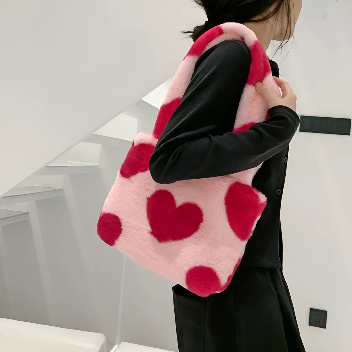 Fashion love heart womens furry fluffy bag in plush with contrast colour, underarm style, 24cm wide